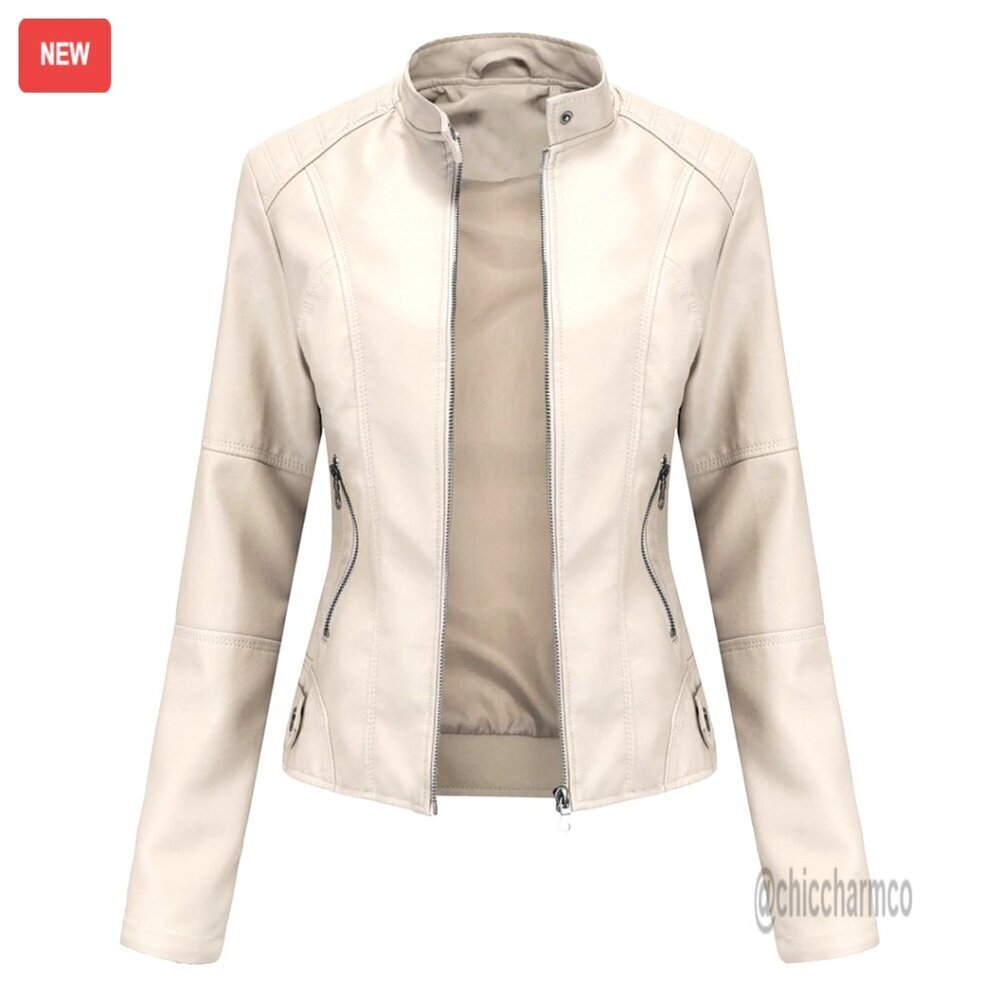 Faux Leather Bomber Jacket Belted Motorcycle Style Slim Fit Chic